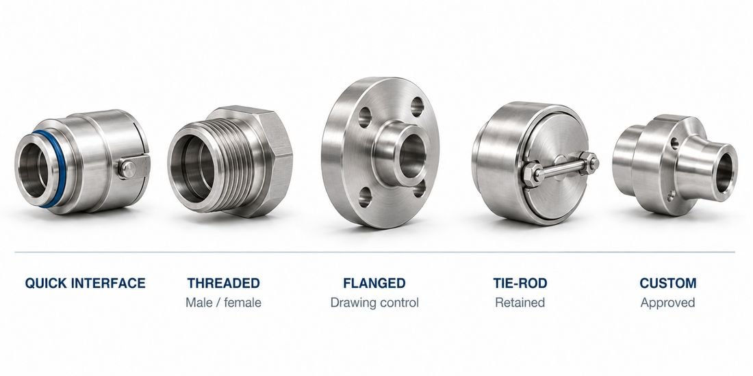Candle filter connection types: quick interface, threaded, flanged, tie-rod, custom
