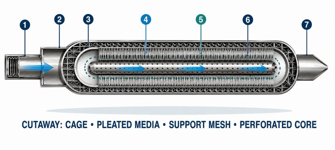 Candle filter element cutaway showing cage, pleated media, support mesh and perforated core