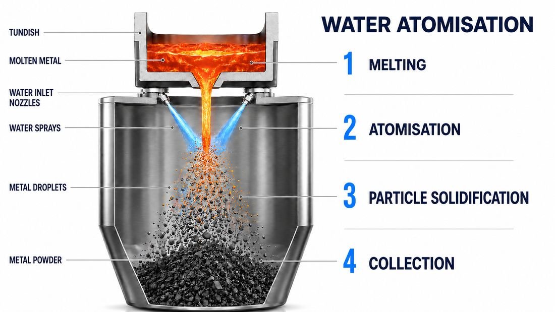 Water atomisation process: melting, atomisation, particle solidification, collection
