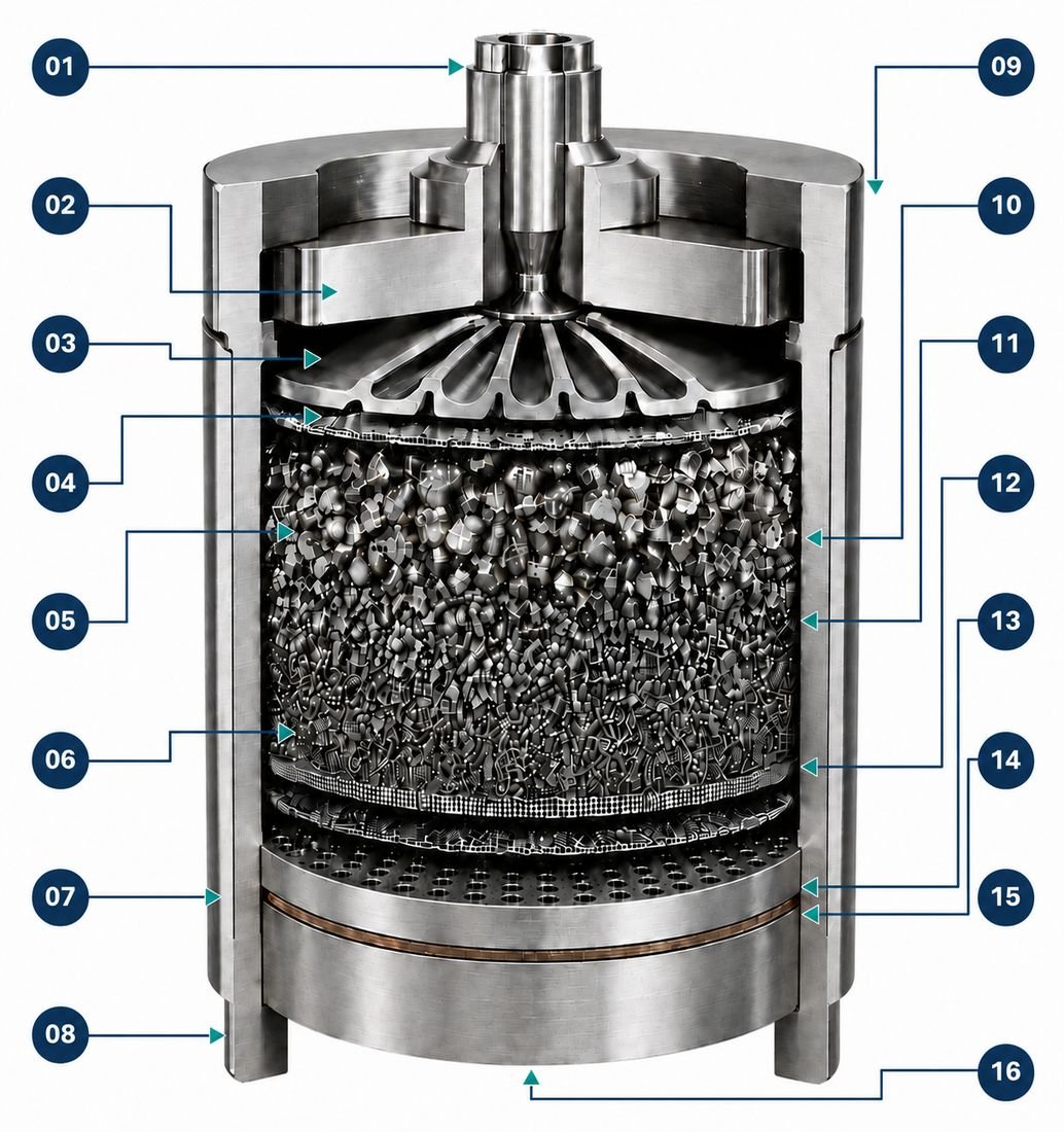 Spin pack assembly cutaway showing metal sand filter layers, screens and spinneret